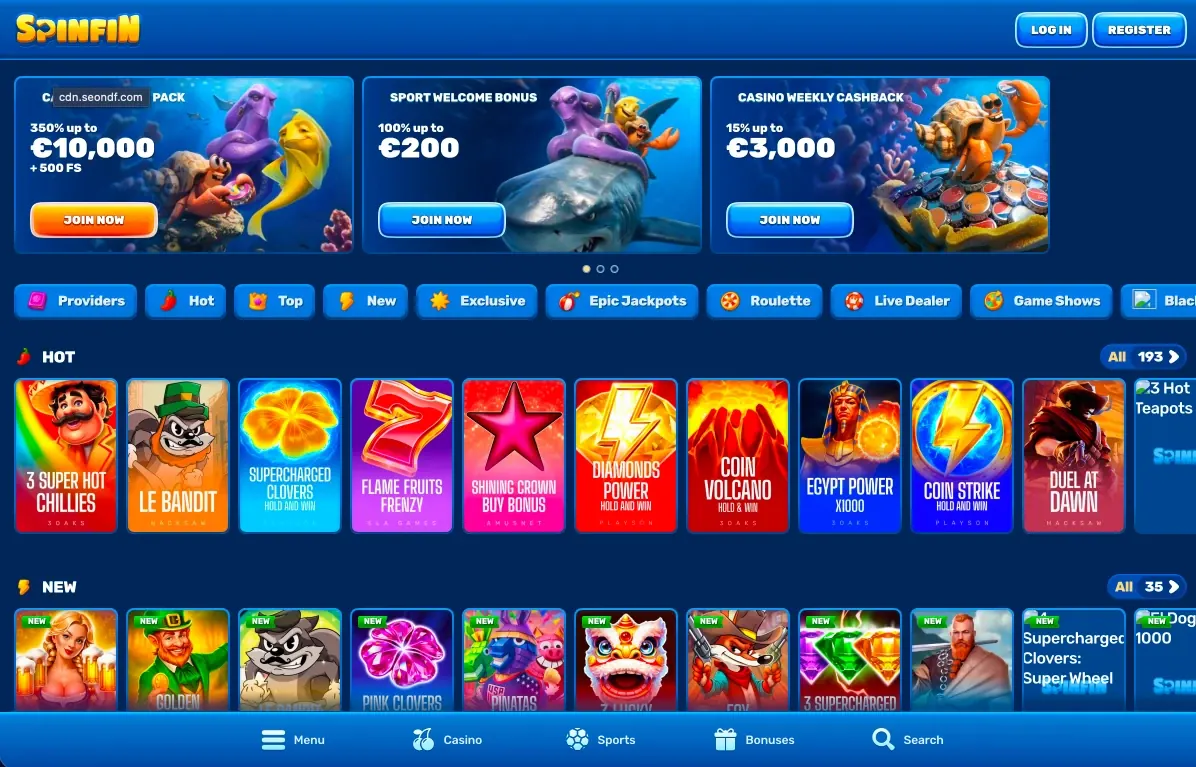 Spinfin casino lobby on desktop